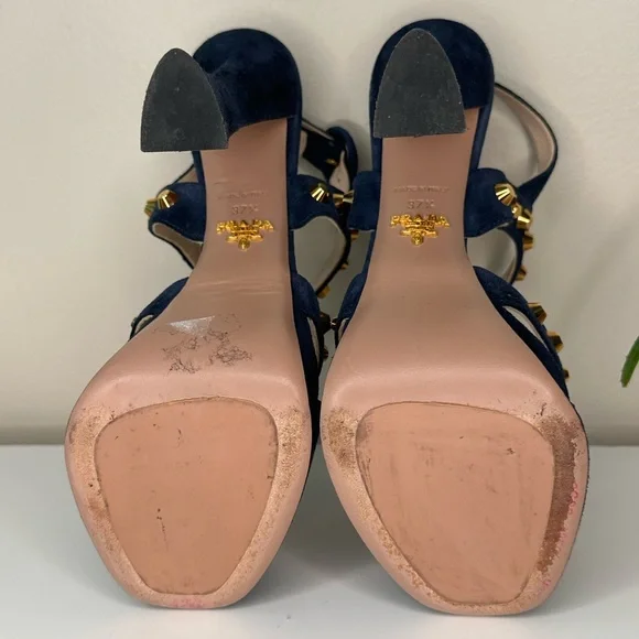 PRADA Navy Blue Suede Gold Stud Platform Sandals Heels 37.5 Italy - Picture 8 of 13